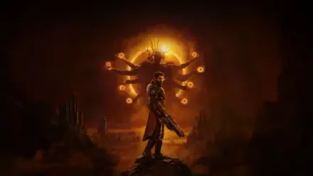 4K Ultra HD Futuristic Gaming PC wallpaper: armored soldier with rifle on rocky outcrop before a glowing multi-armed Saros halo, orange sci‑fi landscape and ruined structures.