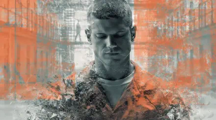 2K Quad HD desktop wallpaper: brooding male in an orange prison jumpsuit, stylized grunge portrait referencing the TV show Prison Break.