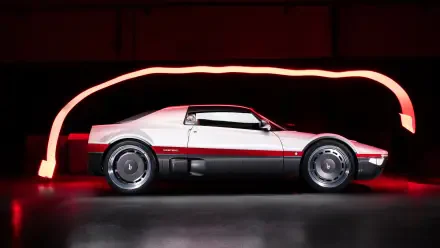 Side profile of a silver-red Bertone Runabout concept car with red light trails over a black floor — 4K Ultra HD PC desktop wallpaper background.