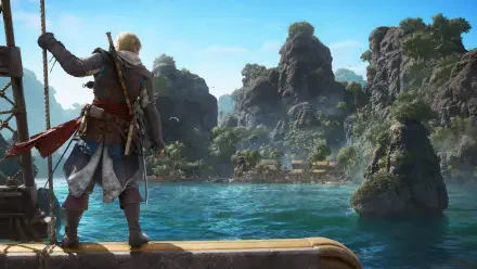 4K Ultra HD PC desktop wallpaper of a pirate from Assassin's Creed IV: Black Flag standing on a ship's bow, overlooking turquoise sea and jagged tropical islands from the Assassin's Creed series.