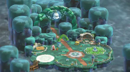 Super Mario Bros. Wonder HD PC desktop wallpaper and background: whimsical floating island level with mossy cliffs, winding path, platforms, pipes and colorful enemies under a misty sky.