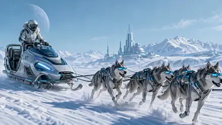 Futuristic dog sled teams racing across snowy plains toward a distant ice city under a large moon; astronaut driver on a sleek sled. 4K Ultra HD PC desktop wallpaper and background.