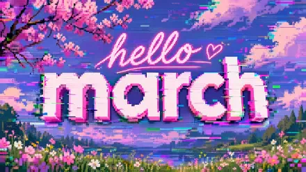 4K Ultra HD PC desktop wallpaper and background: pixel-art spring landscape reading 'hello march' in neon script over bold glitchy letters, cherry blossoms and a wildflower meadow.
