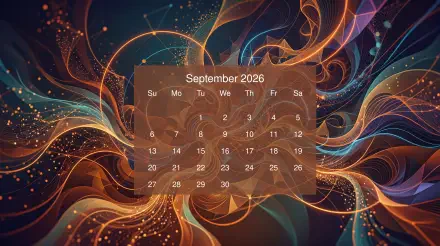 September 2026 calendar overlaid on vibrant abstract swirls and particles — 5K Ultra HD PC desktop wallpaper and background.