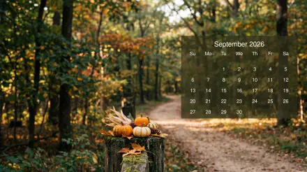 September 2026 calendar over an autumn forest path with pumpkins on a stump — 5K Ultra HD PC desktop wallpaper/background.