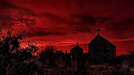 5K Ultra HD PC desktop wallpaper of a haunted graveyard in PS2core red aesthetic — silhouetted crypts and crosses beneath an eerie crimson sky, horror mood.