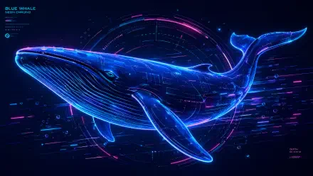 Futuristic neon blue whale rendered in glowing lines with HUD rings on a dark ocean backdrop — 4K Ultra HD PC desktop wallpaper and background.