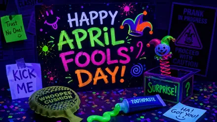 Vibrant 4K Ultra HD PC desktop wallpaper: neon Happy April Fools' Day! text surrounded by prank props — whoopee cushion, Kick Me note, gag toothpaste, jack‑in‑the‑box and prank signs.