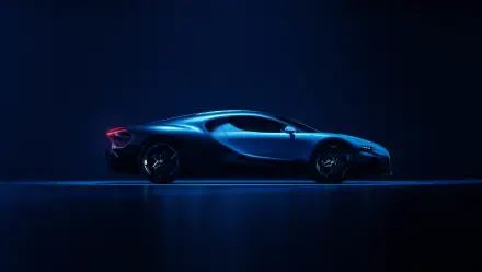 Blue Bugatti Tourbillon hypercar side profile on a reflective floor, dramatic lighting — 8K Ultra HD PC desktop wallpaper.