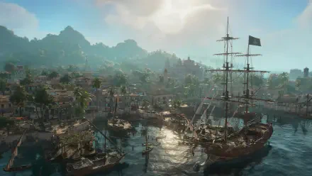 Assassin's Creed Black Flag Resynced 4K Ultra HD PC wallpaper: sunlit Caribbean harbor with a tall ship, bustling colonial port, palm trees and distant mountains.