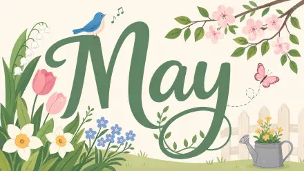 Spring floral illustration with May in script, bluebird, tulips, daffodils, cherry blossoms and watering can — 4K Ultra HD PC desktop wallpaper and background.