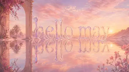 4K Ultra HD PC desktop wallpaper and background: pastel sunset over mirrored water, an arch and glassy hello may letters reflected on the surface.