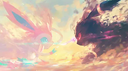 2K Quad HD PC wallpaper of Pokémon Eeveelutions Sylveon and Umbreon touching noses as a glowing energy beam connects them amid a swirling pastel sky.