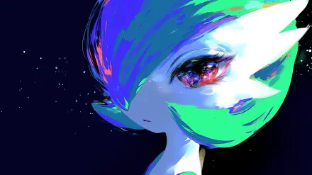 Vibrant close-up of Gardevoir (Pokémon) in neon blues and greens with a glittering starry background — anime aesthetic 2K Quad HD PC desktop wallpaper.