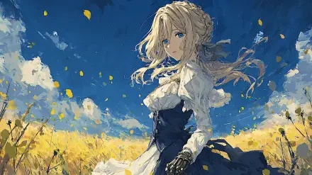Violet Evergarden standing in a golden field beneath a vivid blue sky, detailed anime aesthetic — 2K Quad HD PC desktop wallpaper and background
