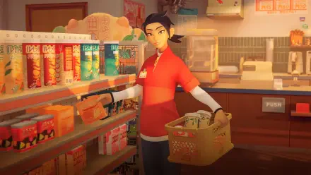 4K Ultra HD PC wallpaper from simulation game inKONBINI One Store. Many Stories: a clerk in red stocking shelves and holding a basket inside a cozy supermarket.