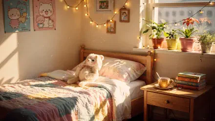Cutecore 4K Ultra HD PC desktop wallpaper/background: sunlit cozy bedroom with a plush bear on a pastel quilted bed, fairy lights, framed art and potted plants on the windowsill.