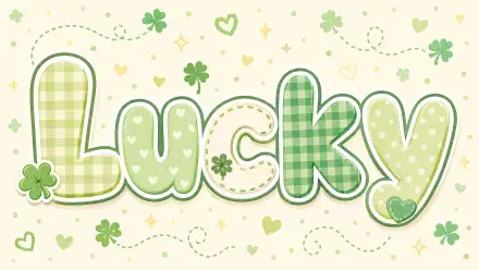 Lucky spelled in large green plaid and polka-dot letters surrounded by clovers and sparkles on cream — 4K Ultra HD PC desktop wallpaper and background