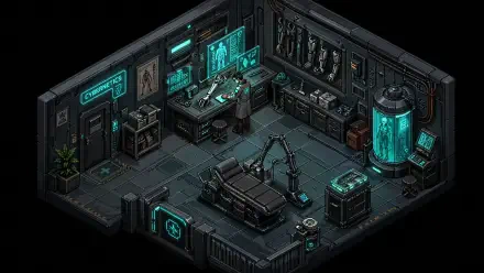 Isometric cyberneticist's lab with surgical table, robotic arms, glass specimen tank and cyan holo-monitors — 4K Ultra HD PC desktop wallpaper and background.