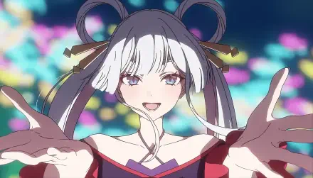 Anime Cosmic Princess Kaguya! 5K Ultra HD PC desktop wallpaper: smiling Kaguya with bi-colored twin tails, outstretched arms against a glowing cosmic bokeh background.