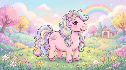 Cute pink pony with pastel rainbow mane standing in a flower-filled meadow under a rainbow, whimsical cottage and rolling hills — 5K Ultra HD PC desktop wallpaper/background.