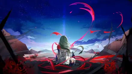 2K Quad HD PC desktop wallpaper of Phrolova from Wuthering Waves — sitting on a cliff overlooking a vast game landscape under a starry sky, red ribbons swirling around her.
