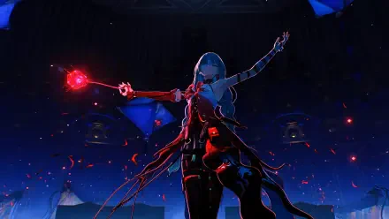 2K Quad HD desktop wallpaper of Phrolova from Wuthering Waves: a dark-clad video game girl wielding a glowing red orb, striking a dramatic pose.