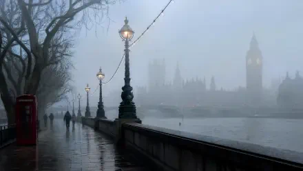 Foggy morning riverside promenade with ornate lampposts, silhouetted pedestrians and a faint clock tower across the mist, 4K Ultra HD PC desktop wallpaper.