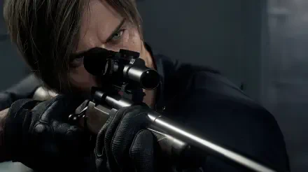 Leon S. Kennedy (Resident Evil Requiem, Capcom) aims a scoped rifle in dark, cinematic lighting — 5K Ultra HD PC desktop wallpaper background.