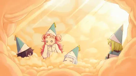 5K Ultra HD PC desktop wallpaper: cute Witch Hat Atelier scene — Coco and Agott Arklaum with fellow witches peeking from sunlit, cloudlike folds in fantasy anime style.