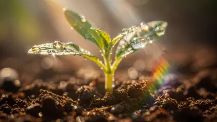 Close-up of a dew-kissed seedling sprouting from rich soil with warm sunlight and a tiny rainbow flare — 4K Ultra HD PC desktop wallpaper and background.