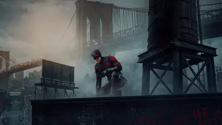 Daredevil: Born Again — 4K Ultra HD PC desktop wallpaper and background of Daredevil perched on a foggy rooftop overlooking a bridge, brooding cityscape at dusk.