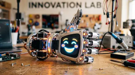 5K Ultra HD PC desktop wallpaper of a smiling robotic hand resting on a workshop bench in an innovation lab, colorful LEDs and tools softly blurred in the background.