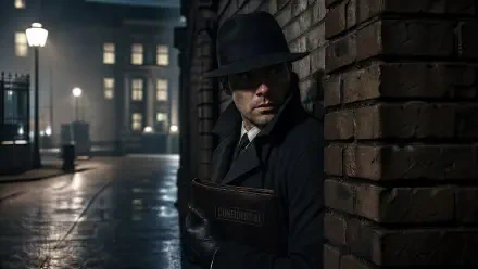 Shadowy spy in fedora and trench coat leans in a rain-slick brick alley, clutching a dossier — moody 4K Ultra HD PC desktop wallpaper and background.