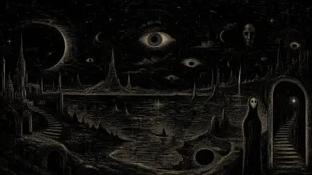 Dark surreal 4K Ultra HD PC desktop wallpaper and background: shadowy alien landscape with crescent moon, floating eyes in the sky, jagged spires, hooded figures and reflective pools.