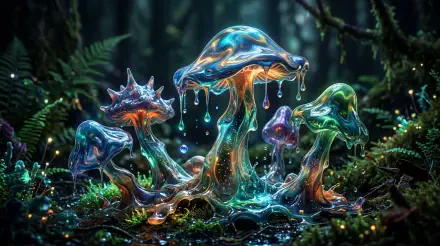 5K Ultra HD PC desktop wallpaper background of translucent, glassy fungi dripping glowing droplets amid moss in a misty, bioluminescent forest.