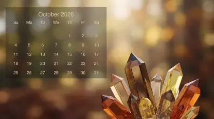 5K Ultra HD PC desktop wallpaper: amber crystal cluster and bokeh background with a translucent October 2026 Calendar overlay.