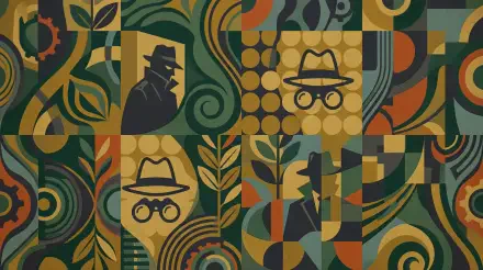 Spy-themed 5K Ultra HD PC desktop wallpaper featuring geometric mosaic of fedora silhouettes, masked eyes, and swirling green, orange, gold patterns.