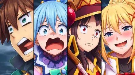 5K Ultra HD anime desktop wallpaper of KonoSuba — God’s blessing on this wonderful world!! showing Kazuma Satou, Aqua, Megumin and a blonde companion in four expressive close-up panels.