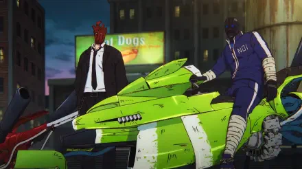 5K Ultra HD Dorohedoro anime wallpaper: Noi and Shin in an acid-punk city, neon-green bike, bandaged Shin and suited Noi under a gritty night skyline.