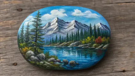 Hand-painted rock with snowy mountains, pine forest and reflective lake on wood; 4K Ultra HD PC Desktop Wallpaper and Background.