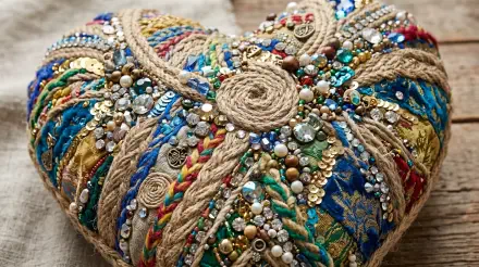 Bedazzled heart-shaped textile pillow with colorful embroidery, braided cords, jute rope spirals and sparkling beads and sequins — 5K Ultra HD PC desktop wallpaper/background.