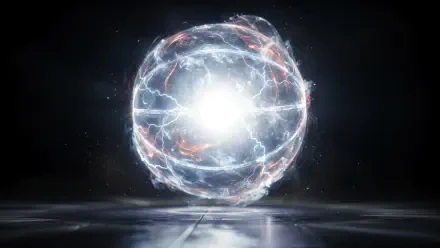 Glowing electric energy orb with lightning arcs and luminous core hovering above a reflective surface — 4K Ultra HD PC desktop wallpaper and background.
