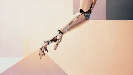 Cybernetic arm reaching over pastel geometric planes, minimalist sci‑fi 4K Ultra HD PC desktop wallpaper and background.
