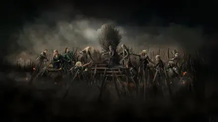 House of the Dragon 4K Ultra HD PC desktop wallpaper: dark, smoky tableau of armored Targaryen figures and warriors assembled before a jagged iron throne.