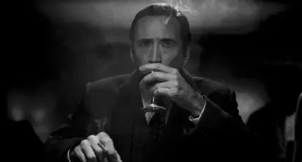 Black-and-white 2K Quad HD PC wallpaper for TV show Spider-Man Noir (2026): brooding trench‑coated figure in a smoky bar, sipping a drink under heavy, dramatic lighting.
