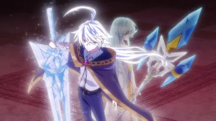 HD PC anime wallpaper from Wistoria: Wand and Sword — Will Serfort stands forward with Elfaria Alvis Serholt behind, both wielding glowing crystal-like weapons.