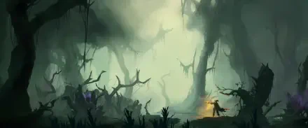 Windrose video game 2K Quad HD PC desktop wallpaper/background: misty, twisted forest silhouettes, lone explorer with torch confronting a shadowy creature amid glowing foliage.