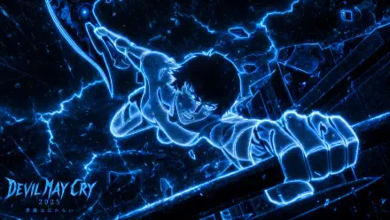 Devil May Cry (2025) 4K Ultra HD PC wallpaper: neon-blue, electric outline of a leaping protagonist brandishing a sword against a shattered, stormy backdrop.
