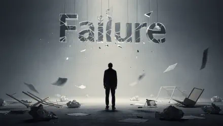HD PC desktop wallpaper background: solitary silhouetted figure in a ruined room beneath a shattered Failure sign, conveying depression and desolation.